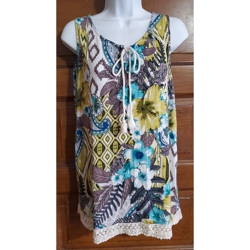 Hannah Abstract Floral Lace Trim Sleeveless Top
